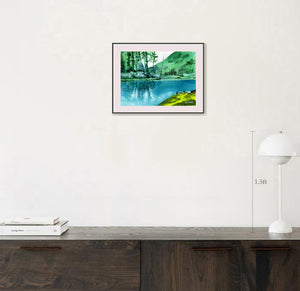 Green Land Original Handmade Watercolor Painting Art Print For Sale Shown With Furniture -NeneArts