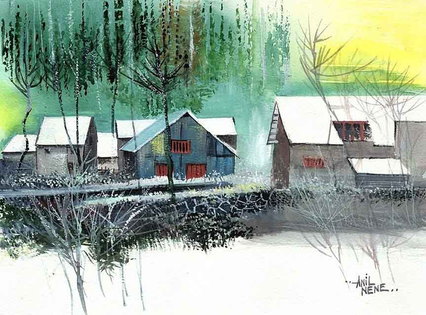 Icy Village Original Watercolor Painting For Sale -NeneArts.jpg