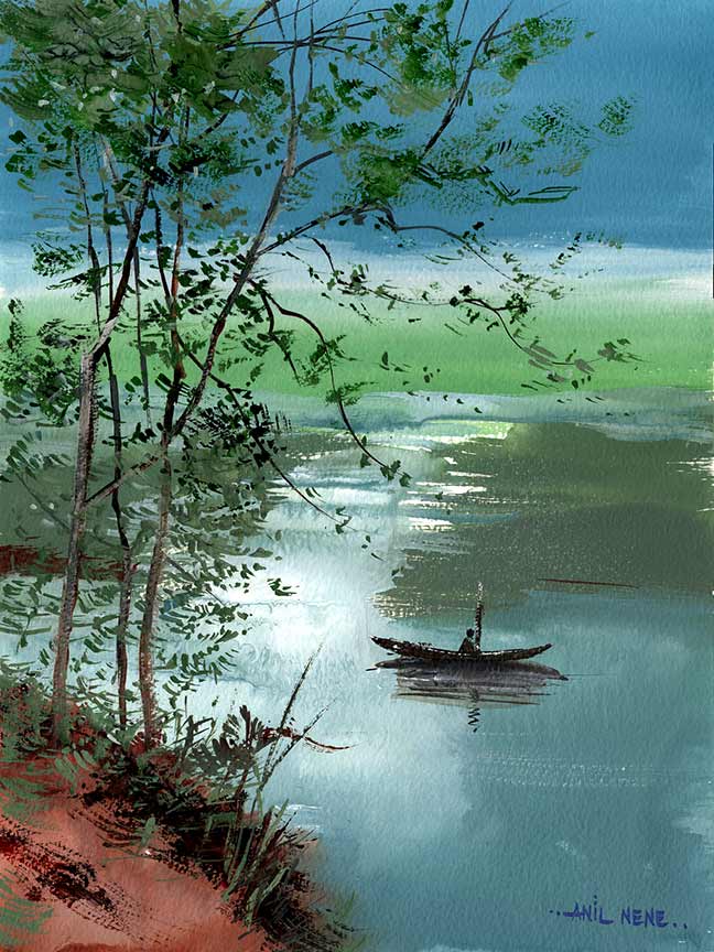 Boating-in-a-lake-Watercolor-Painting-By-NeneArts