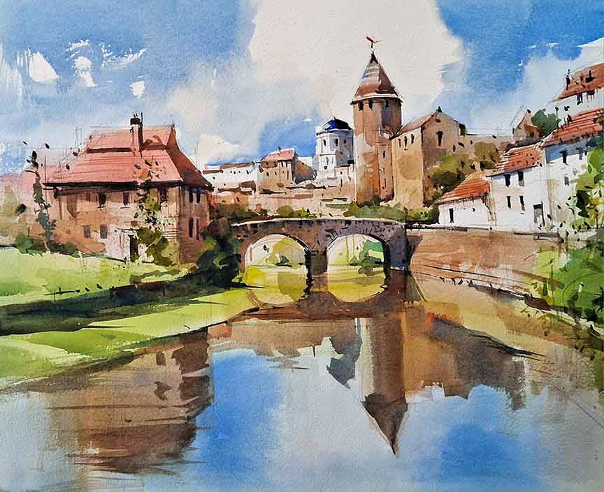 City Reflections Original Watercolor Painting For Sale By Milind Mulick