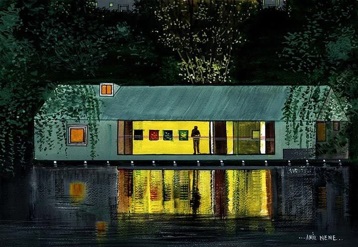 A painting of a house on water at night, with a bright yellow illuminated window, a silhouetted figure standing inside, dark green foliage around it, and reflections on the water. Signed By Artist Anil Nene.