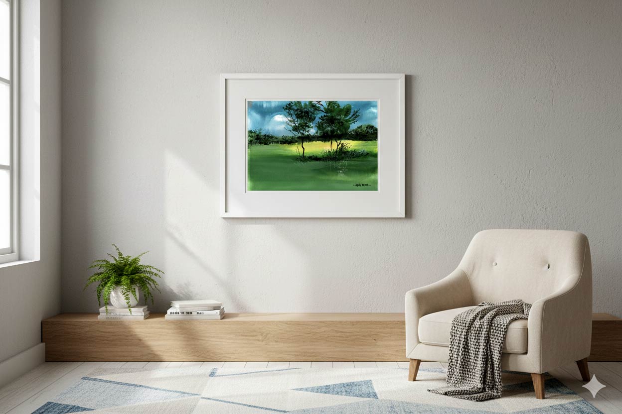 Sunbeam-on-the-meadow-original-painting-shown-in-living-room--by-NeneArts