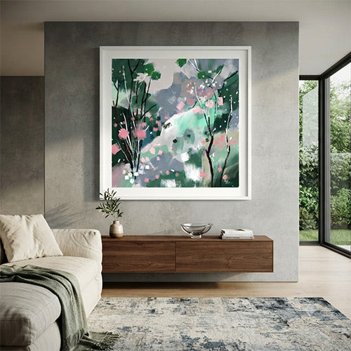 Whispers-of-green-digital painting shown in-living-room-NeneArts