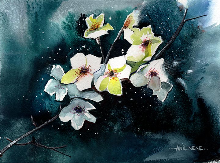 White Flowers New Watercolor Painting - NeneArts