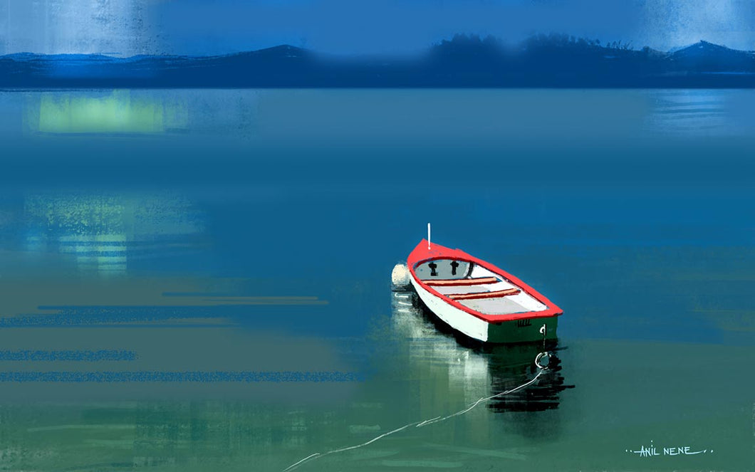 white boat painting for sale by nenearts