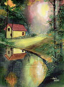 House by Waterbody Watercolor Painting For Sale by NeneArts