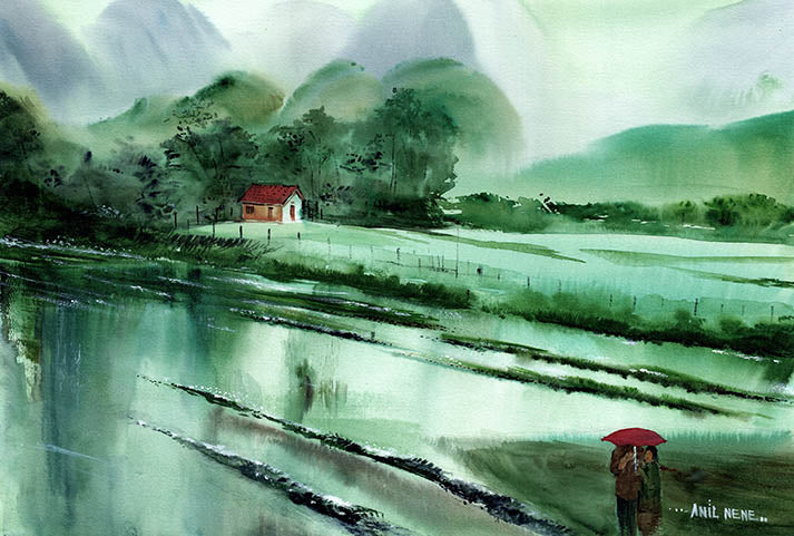 Romantic Rains Original Watercolor Painting For Sale-NeneArts